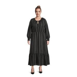Terra & Sky Peasant Maxi Dress Black Ikat Stripe Tiered Long Sleeve Plus Size 1X